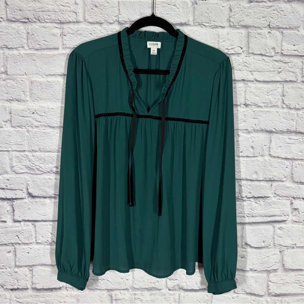 J.Crew Factory Hunter Green Ruffle Neck Tie Blouse Velvet Trim Long Sleeve 2X